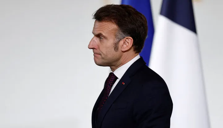 France's President Emmanuel Macron attends a meeting with students from the "Prepas Talents du service public" as part of a program that aims to give every young person an opportunity to join the civil service, at the Elysee Palace in Paris on February 6, 2026. (Photo by Benoit Tessier/POOL/AFP)