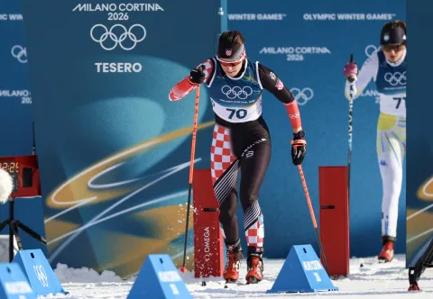 Tesero, 10.02.2026 - Hrvatska trkačica Tena Hadžić tijekom utrke kvalifikacija skija&scaron;kog trčanja, sprint klasičnim načinom, na Zimskim olimpijskim igrama Milano-Cortina 2026.foto HINA/ Damir SENČAR/ ds