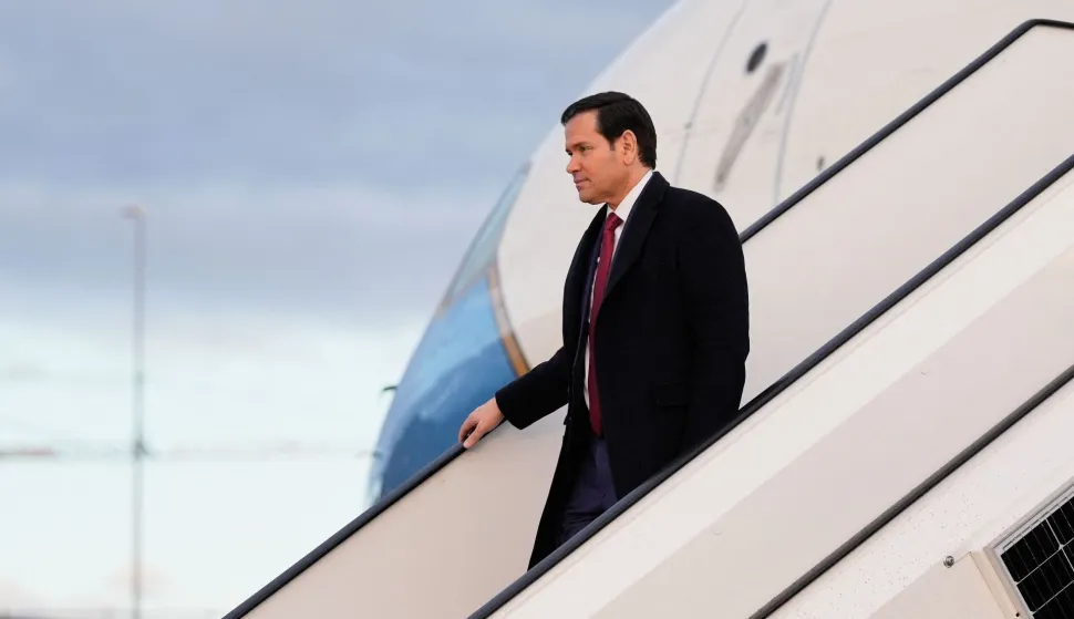 US Secretary of State Marco Rubio disembarks from his plane, on February 12, 2026, at Munich airport, before attending the Munich Security Conference. (Photo by Alex Brandon/POOL/AFP)