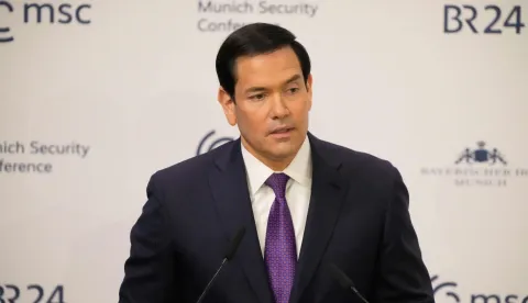 US Secretary of State Marco Rubio gives a speech during the 62nd Munich Security Conference (MSC) on February 14, 2026 in Munich, southern Germany. (Photo by Alex Brandon/POOL/AFP)