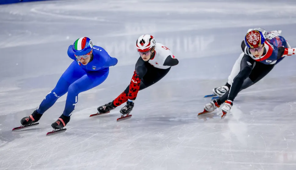 Chiara Betti of Italy and Kim Boutin of Canada and Minjeong Choi of Republic of Korea and Valentina Ascic of Croatia competing on the Short Track Speed Skating Women's 1000m on day eight of the Milano Cortina 2026 Winter Olympics at Milano Speed Skating Stadium on February 14, 2026 in Milan, Italy. (Photo by Henk Jan Dijks/Marcel ter Bals/DeFodi Images) Photo: Henk Jan Dijks/Marcel ter Bals/DeFodi Images/DEFODI