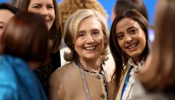 Former US Secretary of State Hillary Clinton (C) poses for a selfie with women at the 62nd Munich Security Conference (MSC) on February 14, 2026 in Munich, southern Germany. (Photo by Alexandra BEIER/AFP)