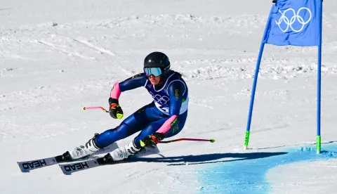 Sweden's Sara Hector competes in the first run of the women's giant slalom event during the Milano Cortina 2026 Winter Olympic Games at the Tofane Alpine Skiing Centre in Cortina d?Ampezzo on February 15, 2026. (Photo by Stefano RELLANDINI/AFP)