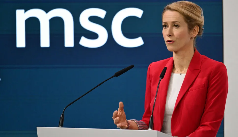 EU High Representative for Foreign Affairs and Security Policy Kaja Kallas gives a speech at the 62nd Munich Security Conference (MSC) on February 15, 2026 in Munich, southern Germany. (Photo by THOMAS KIENZLE/AFP)