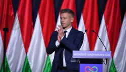 Hungarian opposition leader, head of the TISZA party and candidate for Hungarian Prime Minister Peter Magyar holds a state-of-the-nation speech on February 15, 2026 in Budapest, Hungary. (Photo by Ferenc ISZA/AFP)