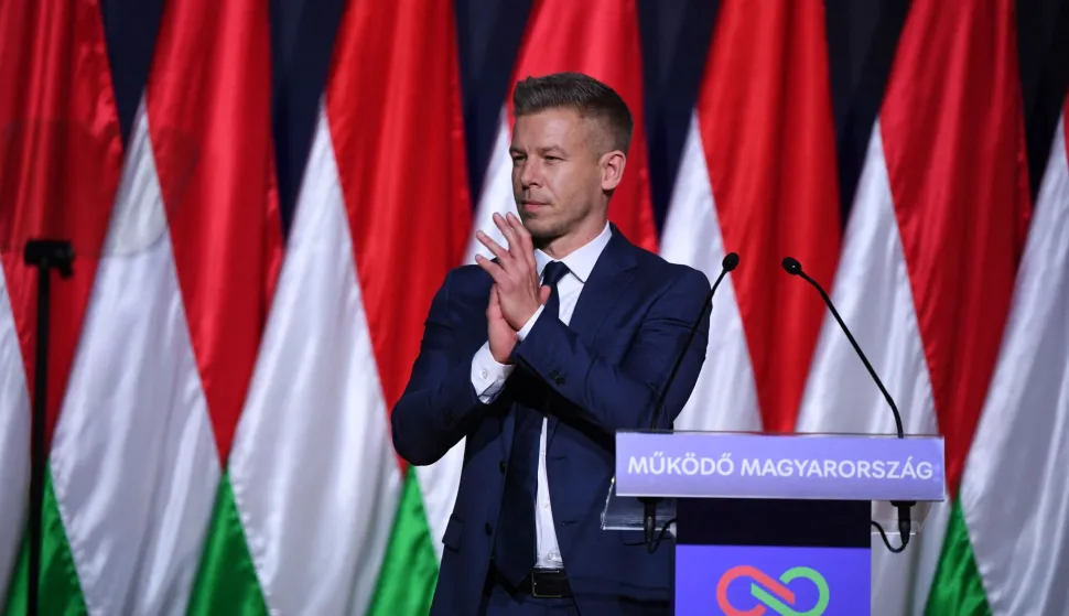 Hungarian opposition leader, head of the TISZA party and candidate for Hungarian Prime Minister Peter Magyar holds a state-of-the-nation speech on February 15, 2026 in Budapest, Hungary. (Photo by Ferenc ISZA/AFP)