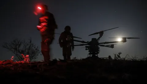 epa12104847 A handout photo made available by the press service of the 24th Mechanized Brigade of the Ukrainian Armed Forces on 16 May 2025 shows servicemen of the 24th Mechanized Brigade named after King Danylo operating a 'Kazhan' (Bat) unmanned aerial vehicle (UAV) for supply delivery and bomb carrying at an undisclosed location near the frontline city of Chasiv Yar, Donetsk region, eastern Ukraine, 15 May 2025, amid the Russian invasion. EPA/24TH MECHANIZED BRIGADE PRESS SERVICE HANDOUT HANDOUT EDITORIAL USE ONLY/NO SALES