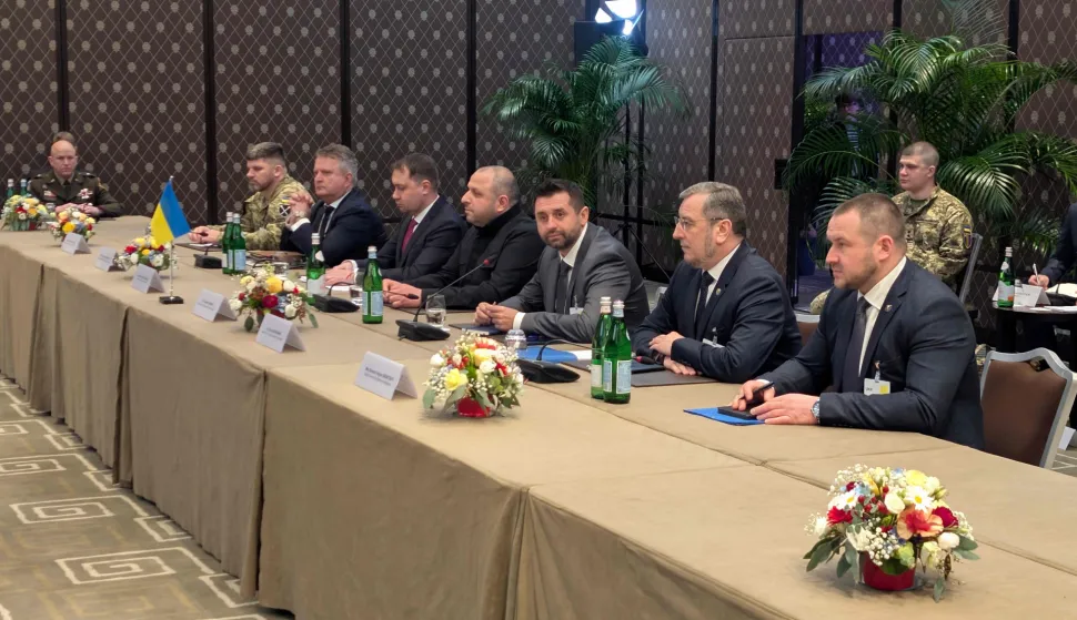 This handout photograph taken and released by the National Security and Defense Council of Ukraine (NSDC) press office on February 17, 2026, shows the Ukrainian delegation waiting for the start of a meeting on the first day of the third round of trilateral talks between delegates from Russia, Ukraine, and the US in Geneva, amid the Russian invasion of Ukraine. (Photo by Handout/National Security and Defense Council of Ukraine/AFP)/XGTY/RESTRICTED TO EDITORIAL USE - MANDATORY CREDIT "AFP PHOTO /National Security and Defense Council of Ukraine" - NO MARKETING NO ADVERTISING CAMPAIGNS - DISTRIBUTED AS A SERVICE TO CLIENTS