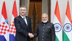 India's Prime Minister Narendra Modi and Croatian Prime Minister Andrej Plenkovic shake hands as they meet in New Delhi, India, February 18, 2026. India's Press Information Bureau/Handout via REUTERS THIS IMAGE HAS BEEN SUPPLIED BY A THIRD PARTY. NO RESALES. NO ARCHIVES. Photo: India's Press Information Bureau/REUTERS