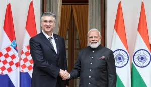 India's Prime Minister Narendra Modi and Croatian Prime Minister Andrej Plenkovic shake hands as they meet in New Delhi, India, February 18, 2026. India's Press Information Bureau/Handout via REUTERS THIS IMAGE HAS BEEN SUPPLIED BY A THIRD PARTY. NO RESALES. NO ARCHIVES. Photo: India's Press Information Bureau/REUTERS
