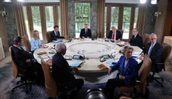 epa12179446 (L-R, clockwise) Japan's Prime Minister Shigeru Ishiba, Italy's Prime Minister Giorgia Meloni, French President Emmanuel Macron, Canadian Prime Minister Mark Carney, US President Donald Trump, British Prime Minister Keir Starmer, German Chancellor Friedrich Merz, European Commission President Ursula Von der Leyen, and European Council President Antonio Costa attend a working session at the Group of Seven (G7) Summit at the Pomeroy Kananaskis Mountain Lodge, in Kananaskis, Alberta, Canada, 16 June 2025. EPA/LUDOVIC MARIN/POOL
