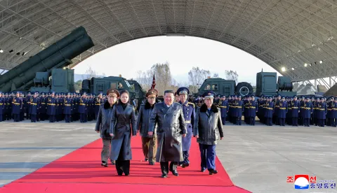 North Korean leader Kim Jong Un and his daughter Kim Ju Ae walk during an event to celebrate the Air Force's 80th anniversary, at the Kalma Airfield, in Wonsan, North Korea, November 28, 2025, in this picture released by North Korea's official Korean Central News Agency November 30, 2025. KCNA via REUTERS ATTENTION EDITORS - THIS IMAGE WAS PROVIDED BY A THIRD PARTY. REUTERS IS UNABLE TO INDEPENDENTLY VERIFY THIS IMAGE. NO THIRD PARTY SALES. SOUTH KOREA OUT. NO COMMERCIAL OR EDITORIAL SALES IN SOUTH KOREA. Photo: KCNA/REUTERS