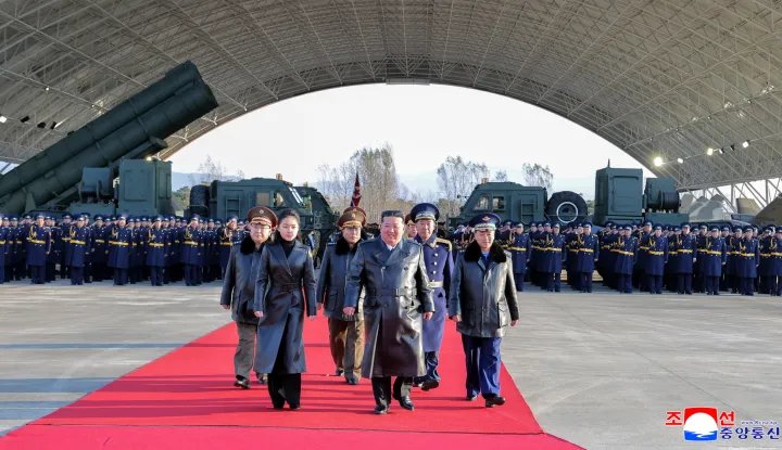 North Korean leader Kim Jong Un and his daughter Kim Ju Ae walk during an event to celebrate the Air Force's 80th anniversary, at the Kalma Airfield, in Wonsan, North Korea, November 28, 2025, in this picture released by North Korea's official Korean Central News Agency November 30, 2025. KCNA via REUTERS ATTENTION EDITORS - THIS IMAGE WAS PROVIDED BY A THIRD PARTY. REUTERS IS UNABLE TO INDEPENDENTLY VERIFY THIS IMAGE. NO THIRD PARTY SALES. SOUTH KOREA OUT. NO COMMERCIAL OR EDITORIAL SALES IN SOUTH KOREA. Photo: KCNA/REUTERS