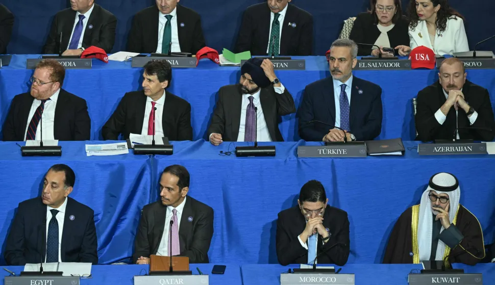 Leaders attend the inaugural meeting of the "Board of Peace" hosted by US President Donald Trump at the US Institute of Peace in Washington, DC, on February 19, 2026. President Trump on Thursday gathers allies to inaugurate the "Board of Peace," his new institution focused on progress on Gaza but whose ambitions reach much further. Around two dozen world leaders or other senior officials have come to Washington for the meeting -- including several of Trump's authoritarian-leaning friends and virtually none of the European democrats that traditionally sign on to US initiatives. (Photo by SAUL LOEB/AFP)