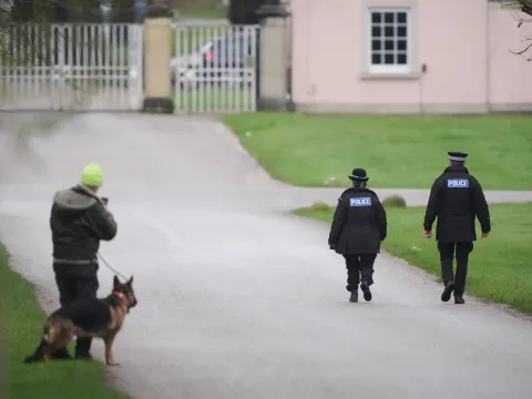 Police officers at Royal Lodge, the former home of Andrew Mountbatten-Windsor in Windsor, Berkshire. Andrew Mountbatten-Windsor has been arrested on suspicion of misconduct in public office and is in police custody. Picture date: Thursday February 19, 2026. Photo: Jonathan Brady/PRESS ASSOCIATION