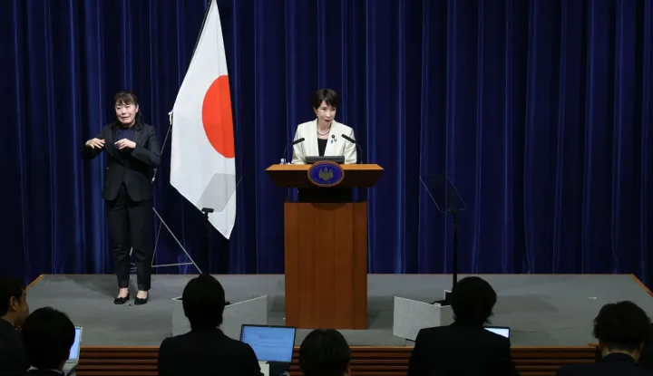 Japan's Prime Minister Sanae Takaichi addresses a news conference at the Prime Minister?s office in Tokyo on February 18, 2026. (Photo by Kiyoshi Ota/POOL/AFP)