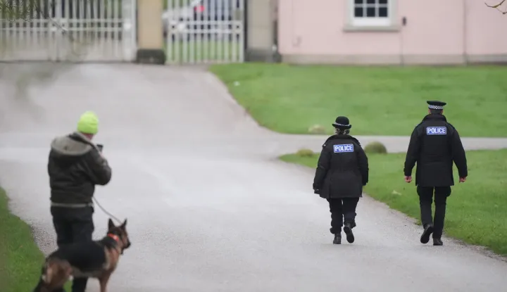 Police officers at Royal Lodge, the former home of Andrew Mountbatten-Windsor in Windsor, Berkshire. Andrew Mountbatten-Windsor has been arrested on suspicion of misconduct in public office and is in police custody. Picture date: Thursday February 19, 2026. Photo: Jonathan Brady/PRESS ASSOCIATION