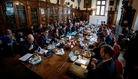 Genaral view as delegates and ministers take part in the European Group of Five (GoF) defence ministers meeting in The Collegium Maius - the Jagiellonian University's oldest building in Krakow, Poland, on February 20, 2026. (Photo by Wojtek RADWANSKI/AFP)