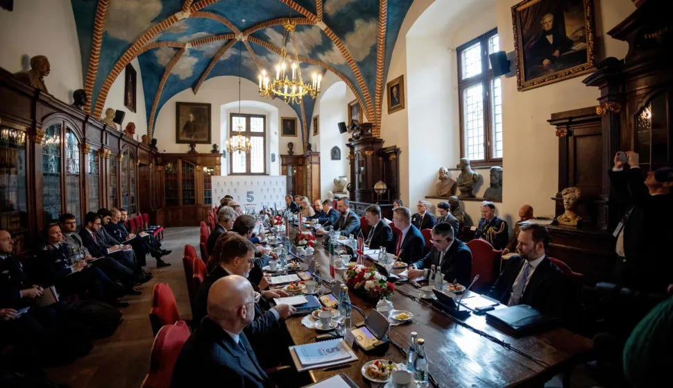 Genaral view as delegates and ministers take part in the European Group of Five (GoF) defence ministers meeting in The Collegium Maius - the Jagiellonian University's oldest building in Krakow, Poland, on February 20, 2026. (Photo by Wojtek RADWANSKI/AFP)