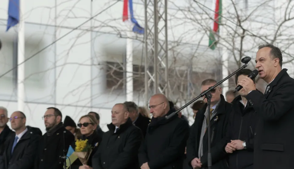 Zagreb.21.2.2026.- U organizaciji Veleposlanstva Ukrajine, Grada Zagreba i Ukrajinske zajednice Grada Zagreba održan je skup podr&scaron;ke Ukrajini na Europskom trgu.Foto HINA/Tomislav Pavlek/ tp