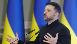 epa12608980 Ukrainian President Volodymyr Zelensky addresses a press conference on the occasion of Diplomatic Service Day in Kyiv, Ukraine, 22 December 2025, amid the Russian invasion. During the briefing, Zelensky responded to journalists' questions regarding peace negotiations mediated by the United States. EPA/SERGEY DOLZHENKO