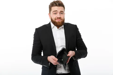 Confused bearded business man with empty purse looking at the camera over white backgroundSTEČAJEVI POTRO&Scaron;AČA Broj blokiranih građana u Hrvatskoj blago smanjen, ali je njihov ukupni dug porastaoilustracija novac zabrinutost depresija bankrot freepik prazan novcanik