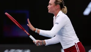 Croatia's Donna Vekic reacts on a point to Russia's Mirra Andreeva during their women's singles match on day two of the Australian Open tennis tournament in Melbourne on January 19, 2026. (Photo by Martin KEEP/AFP)/-- IMAGE RESTRICTED TO EDITORIAL USE - STRICTLY NO COMMERCIAL USE --