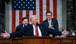 US President Donald Trump delivers the first State of the Union address of his second term to a joint session of Congress in the House Chamber of the United States Capitol in Washington, DC, on February 24, 2026. (Photo by Kenny HOLSTON/POOL/AFP)