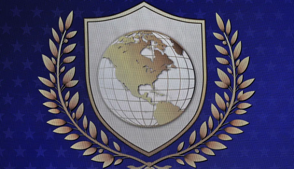 (FILES) This photograph shows the logo of the "Board of Peace" during the World Economic Forum (WEF) annual meeting in Davos on January 22, 2026. US President Donald Trump's 'Board of Peace' will hold its inaugural meeting in Washington on February 19, 2026. Originally meant to oversee the rebuilding of Gaza after the war between Hamas and Israel, the board's charter does not limit its role to the Strip, and has sparked concerns that Trump wants it to rival the United Nations. (Photo by Fabrice COFFRINI/AFP)