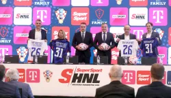 Zagreb, 26.02.2026 - Svečano potpisivanje novog ugovora o medijskim i marketin&scaron;kim pravima Hrvatskog nogometnog saveza, SuperSporta i Hrvatskog Telekoma. Na fotografiji (L-D) Kre&scaron;imir Madunović, Nata&scaron;a Rapaić, JosipToma&scaron;ko, Marijan Kustić, Goran Đurić, Radim Haluza.foto HINA/ Denis CERIĆ /dc