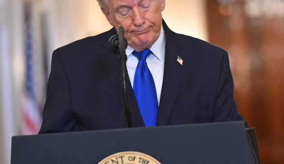 US President Donald Trump speaks during the Angel Families Remembrance Ceremony in the East Room of the White House in Washington, DC, on February 23, 2026. (Photo by SAUL LOEB/AFP)