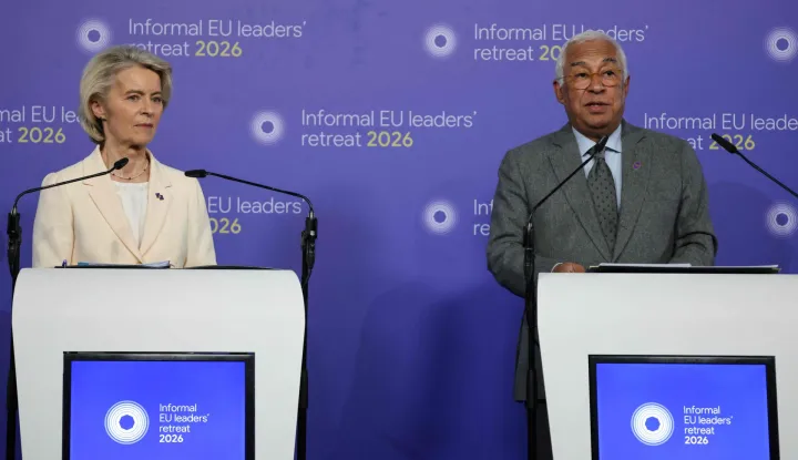 European Commission President Ursula von der Leyen (L) and European Council President Antonio Costa (R) speaks during a press conference at the end of the Informal EU Leaders' Retreat at the Alden Biesen Castle, in Rijkhoven on February 12, 2026. (Photo by Ludovic MARIN/AFP)