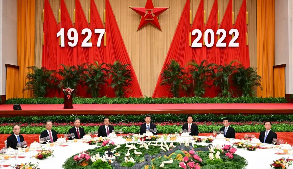 (220731) -- BEIJING, July 31, 2022 (Xinhua) -- Chinese President Xi Jinping, also general secretary of the Communist Party of China Central Committee and chairman of the Central Military Commission, and other senior leaders of the Party and the state, including Li Keqiang, Li Zhanshu, Wang Yang, Wang Huning, Zhao Leji, Han Zheng and Wang Qishan, attend a reception held by the Ministry of National Defense to celebrate the 95th founding anniversary of the People's Liberation Army (PLA) at the Great Hall of the People in Beijing, capital of China, July 31, 2022. (Xinhua/Yan Yan) Photo: Yan Yan/XINHUA