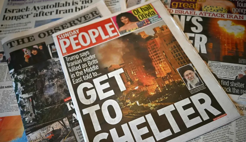 The front pages of some of Britain's national newspapers are pictured in a spread created in Liverpool, north-west England on March 1, 2026, following the US and Israel's strikes on Iran. Iranian top officials vowed Sunday to avenge their slain supreme leader Ayatollah Ali Khamenei and declared a new wave of strikes on US bases in the Gulf, defying US President Donald Trump's threat of an unprecedented escalation in force. (Photo by Paul ELLIS/AFP)