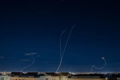 An Israeli Air defense system intercepts a ballistic missile barrage launched from Iran to central Israel during the missile attack. (Photo by Eli Basri/SOPA Images/Sipa USA) Photo: SOPA Images/SIPA USA