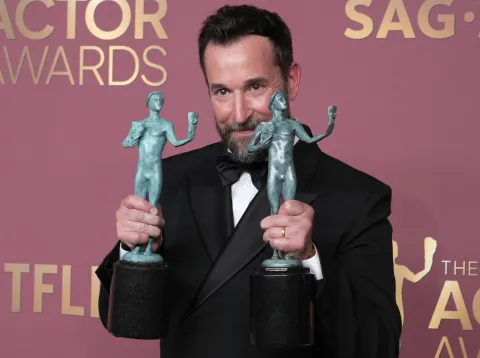 Noah Wyle, winner of the Outstanding Performance by a Male Actor in a Drama Series and Outstanding Performance by an Ensemble in a Drama Series Awards for "The Pitt," poses in the press room at the 32nd Annual Actor Awards held at The Shrine Auditorium and Expo Hall in Los Angeles, CA on Sunday, March 1, 2026. (Photo By Sthanlee B. Mirador/Sipa USA) Photo: Sipa USA/SIPA USA