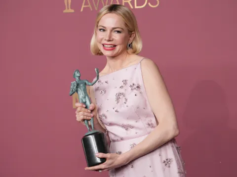 Michelle Williams, winner of the Outstanding Performance by a Female Actor in a Television Movie or Limited Series Award for "Dying for Sex," poses in the press room at the 32nd Annual Actor Awards held at The Shrine Auditorium and Expo Hall in Los Angeles, CA on Sunday, March 1, 2026. (Photo By Sthanlee B. Mirador/Sipa USA) Photo: Sipa USA/SIPA USA