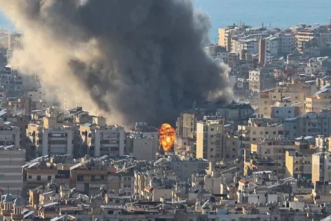 Smoke plumes billow following Israeli bombardment on Beirut's southern suburbs on March 2, 2026. The war launched by the United States and Israel against Iran spread across the Middle East on March 2 with Lebanon's Hezbollah entering the fray and a British air base in Cyprus targeted. (Photo by IBRAHIM AMRO/AFP)