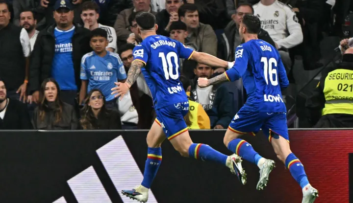 Getafe's Uruguayan forward #10 Mart?n Satriano celebrates scoring the opening goal during the Spanish league football match between Real Madrid CF and Getafe CF at Santiago Bernabeu Stadium in Madrid on March 2, 2026. (Photo by Javier SORIANO/AFP)