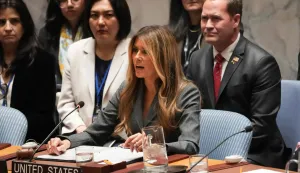 US First Lady Melania Trump chairs a meeting of the United Nations Security Council at UN Headquarters in New York on March 2, 2026. (Photo by TIMOTHY A. CLARY/AFP)