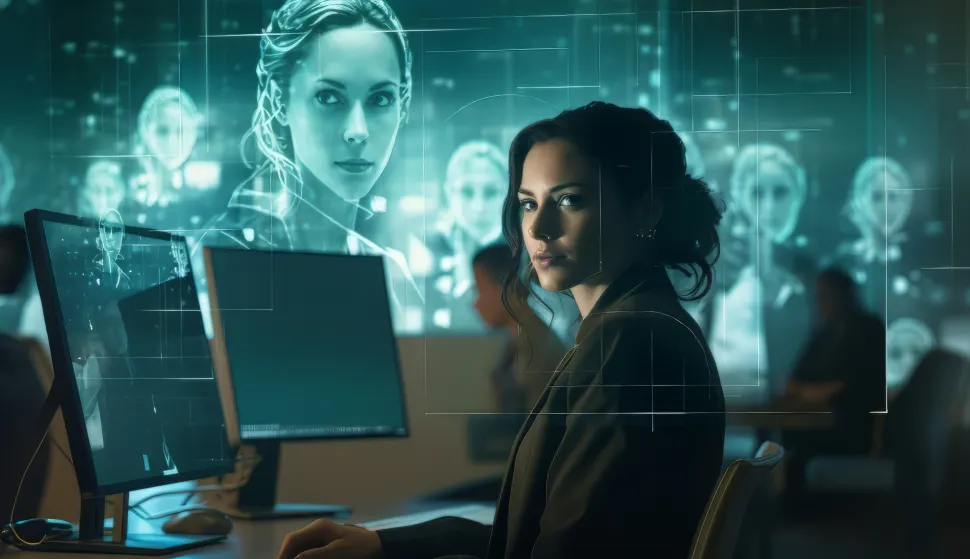 Businesswoman using VR simulator and laptop in studio. Woman in office clothes and virtual reality goggles enjoying experience. Innovation conceptumjetna inteligencija ui ai ilustracija freepik
