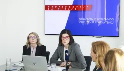 Zagreb, 03.03.2026. - Konferencija&nbsp;za medije Američke gospodarske komore (AmCham) na kojoj su predstavljeni rezultati istraživanja poslovnog okruženja u Hrvatskoj.&nbsp;Na fotografiji Andrea Doko Jelu&scaron;ić, Rina Musić. foto HINA/ Lana SLIVAR DOMINIĆ/ lsd