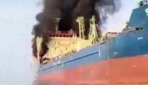 This video grab taken from UGC images posted on social media on March 1, 2026 shows the Palau-flagged oil tanker Skylight, under US sanctions, engulfed in flames after being struck off the Musandam Peninsula of Oman. The United States and Israel launched strikes against Iran on February 28, with Israel's public broadcaster reporting that the Iranian supreme leader had been targeted, as the Islamic republic retaliated with barrages of missiles at Gulf states and Israel. (Photo by UGC/AFP)/RESTRICTED TO EDITORIAL USE - MANDATORY CREDIT AFP - SOURCE: UGC/UNKNOWN - DISTRIBUTED AS A SERVICE TO CLIENTS - NO RESALE -