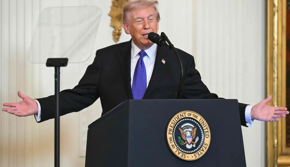 US President Donald Trump speaks during a Medal of Honor ceremony in the East Room of the White House on March 2, 2026, in Washington, DC. President Trump awarded the Medal of Honor to retired Army Command Sgt. Major Terry P. Richardson, who served in the Vietnam War, posthumously to Army Master Sgt. Roderick W. Edmonds, who served in World War II, and posthumously to Staff Sgt. Michael Ollis, who died in combat in Afghanistan in 2013. (Photo by SAUL LOEB/AFP)