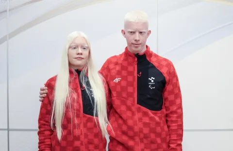 Zagreb, 27.02.2026 - Konferencija za medije hrvatske paraolimpijske reprezentacije uoči odlaska na Zimske paraolimpijske igre koje će se 6. do 15. ožujka održati u Milanu i Cortini d'Ampezzo. Na slici Karla i Petar Kordić.foto HINA/ Damir SENČAR/ ds