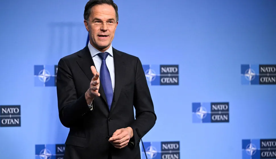 NATO Secretary General Mark Rutte speaks during a joint press conference with Ukraine's Defence Minister on the sidelines of a defence ministers meeting of The North Atlantic Treaty Organisation (NATO) at NATO Headquarters in Brussels, on February 12, 2026. (Photo by JOHN THYS/AFP)