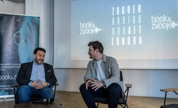Zagreb, 3.3.2026 - U prostoru Udruženja hrvatskih arhitekata održava se Zagreb Audiobook Afternoon međunarodni stručni skup posvećen audio-knjigama. Na slici Carlo Carrenho i Colin Hauer.Foto Hina/ Dario GRZELJ/ dag