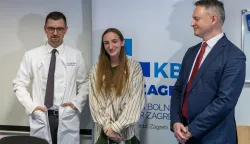 Zagreb, 6.3.2026 - Konferencija za medije povodom izvedbe prvog endoskopskog zahvata na aortalnom zalistku u Republici Hrvatskoj. Na slici Hrvoje Ga&scaron;parović, pacijentica Domenika i Fran Borovečki.Foto Hina/ Dario GRZELJ/ dag