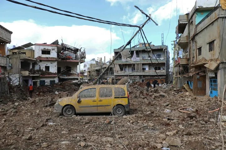This photograph taken during a media tour organised by the Hezbollah shows destruction at Nabi Sheet town after an Israeli military operation in the Bekaa Valley of Lebanon, on March 7, 2026. Hezbollah on March 7 said it confronted Israeli troops that infiltrated an east Lebanon town overnight, with Lebanese authorities reporting at least 16 killed in Israeli strikes on the area. (Photo by Nidal SOLH/AFP)