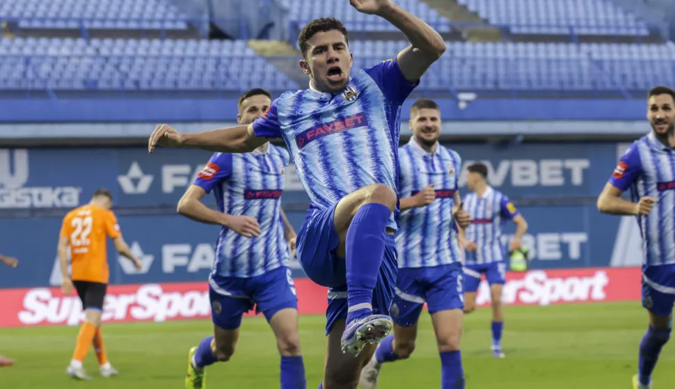 Zagreb, 07.03.2026 - Susret 25. kola HNL-a NK Lokomotiva - NK Varaždin. Na fotografiji Antonio Bor&scaron;ić slavi zgoditak za vodstvo NK Lokomotiva od 1-0.foto HINA/ Admir BULJUBA&Scaron;IĆ/ abu